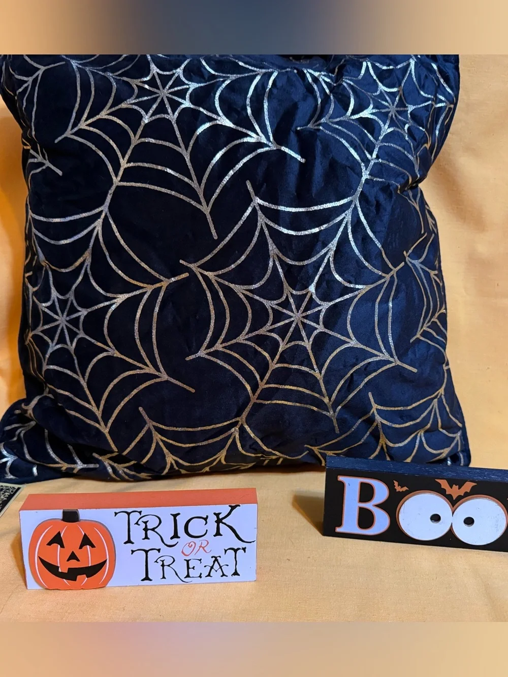 Halloween Spiderweb Accent Pillow in Black velvet